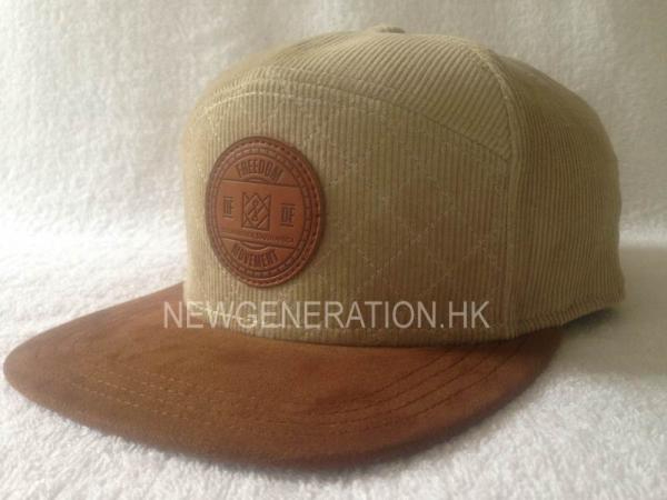 Debossed Leather Patch Corduroy High Profile 5 Panels Camp Cap Suede Visor