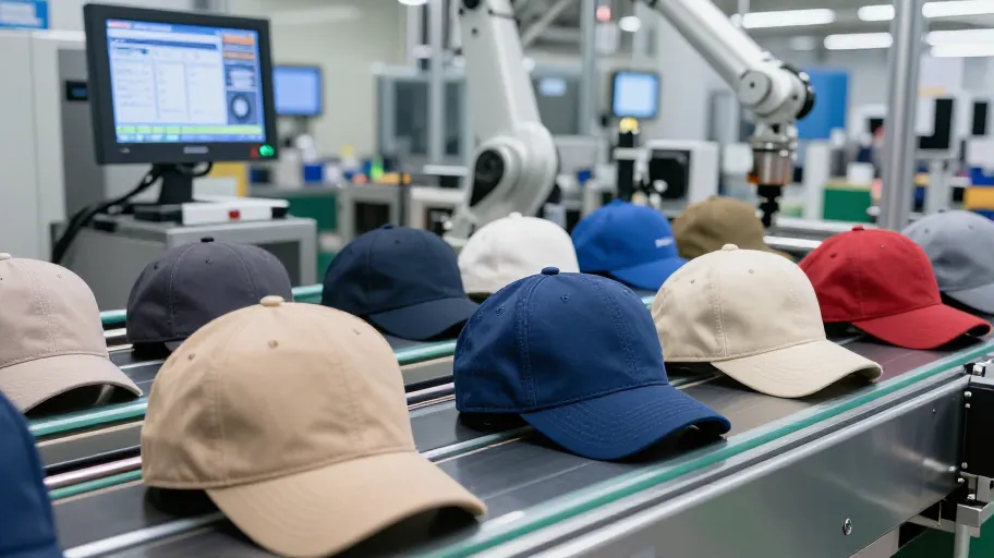 factory worker checking hat tech pack specifications against production sample at a cap manufacturing facility