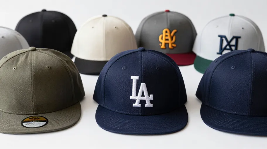 Hat tech pack component breakdown showing bill shape, fabric specs, closure details, and grading matrix