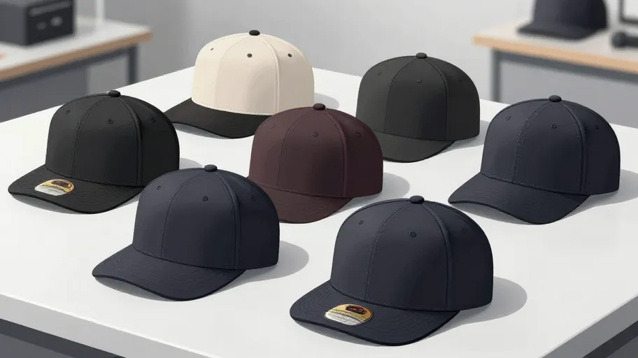 Technical specifications in a baseball hat tech pack template showing measurements for front panels and brim curvature